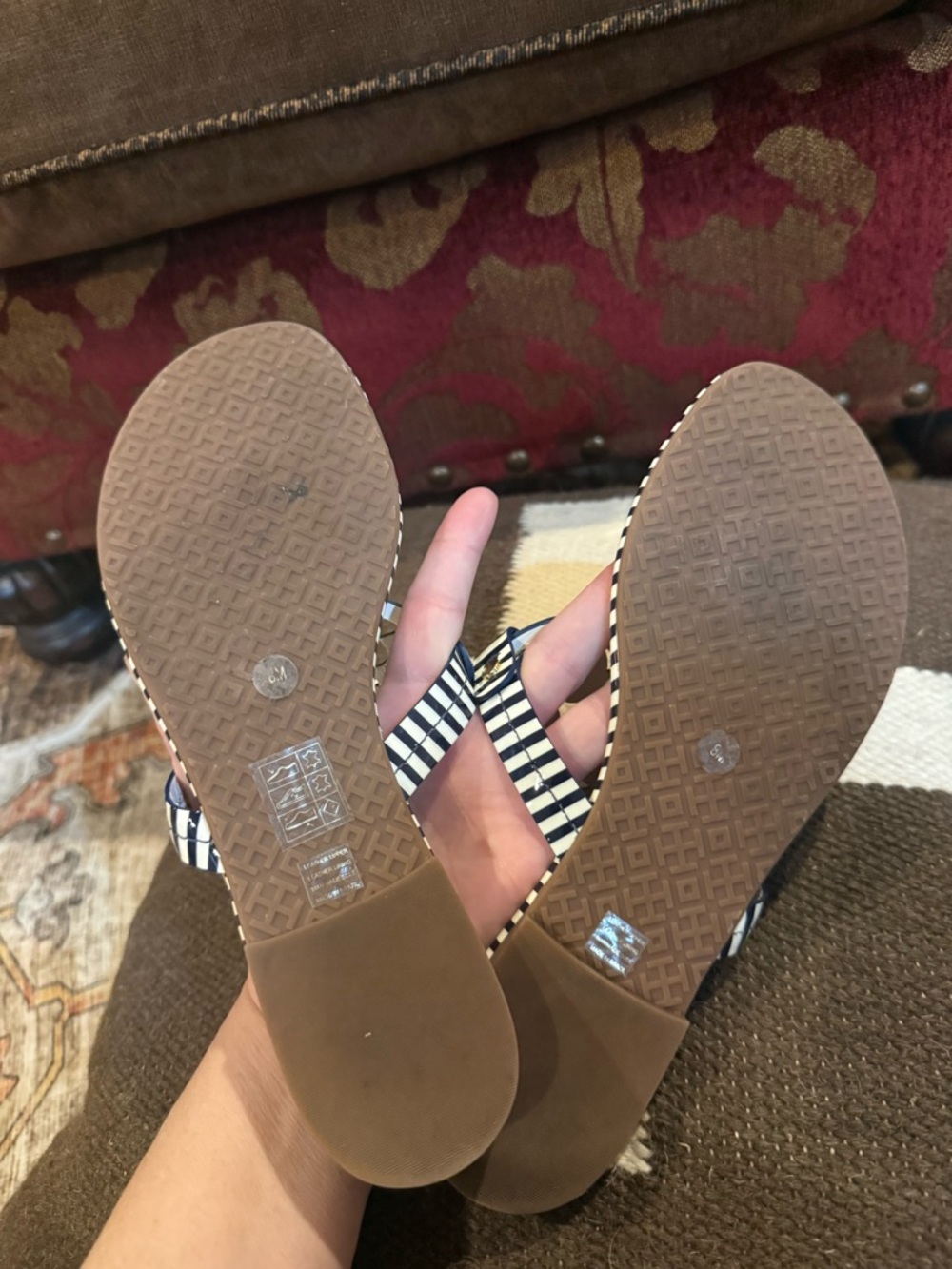 Tory Burch Navy & White Striped Miller Sandals with Logo Medallion - Picture 5 of 5
